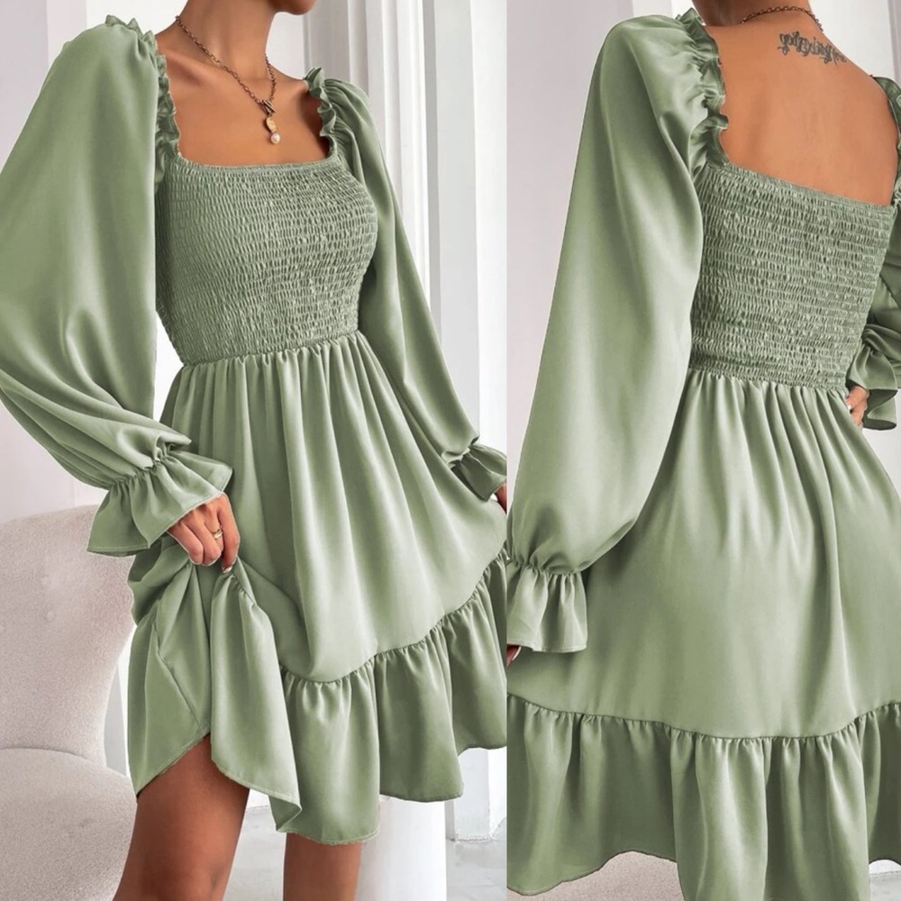 Shirred bust square neck long sleeve mini dress ruffle boho gypsy camel brown - Picture 3 of 11